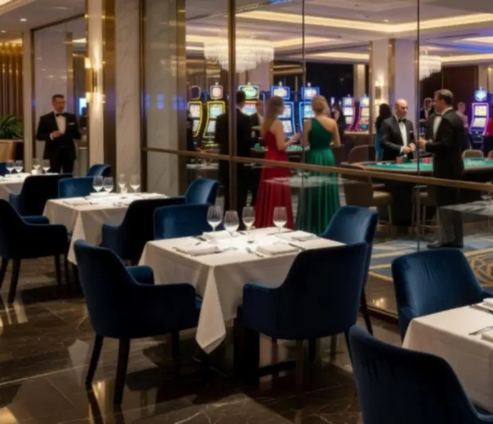 Pogled iz restorana Croatia Royal na elegantno uređenu casino zonu s večernjom atmosferom