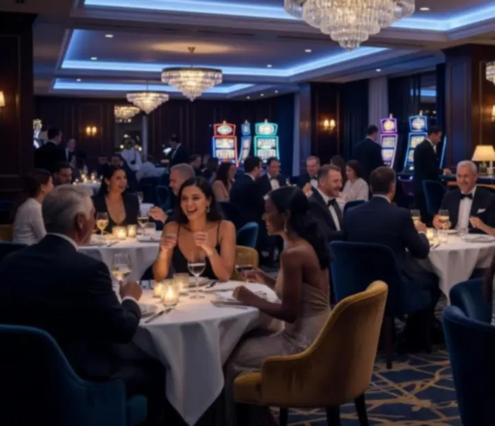 Večernja casino atmosfera s ambijentalnim svjetlima i gostima koji uživaju u druženju.
